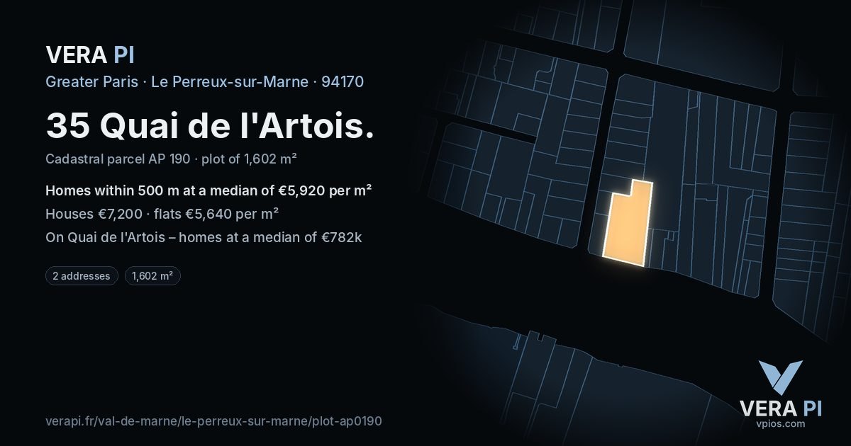 35 Quai de l'Artois, Le Perreux-sur-Marne at night – the plot lit, the parcels around coloured by the prices near them