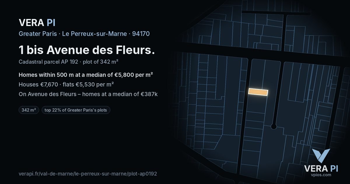 1 bis Avenue des Fleurs, Le Perreux-sur-Marne at night – the plot lit, the parcels around coloured by the prices near them