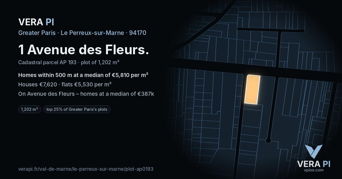 1 Avenue des Fleurs, Le Perreux-sur-Marne at night – the plot lit, the parcels around coloured by the prices near them