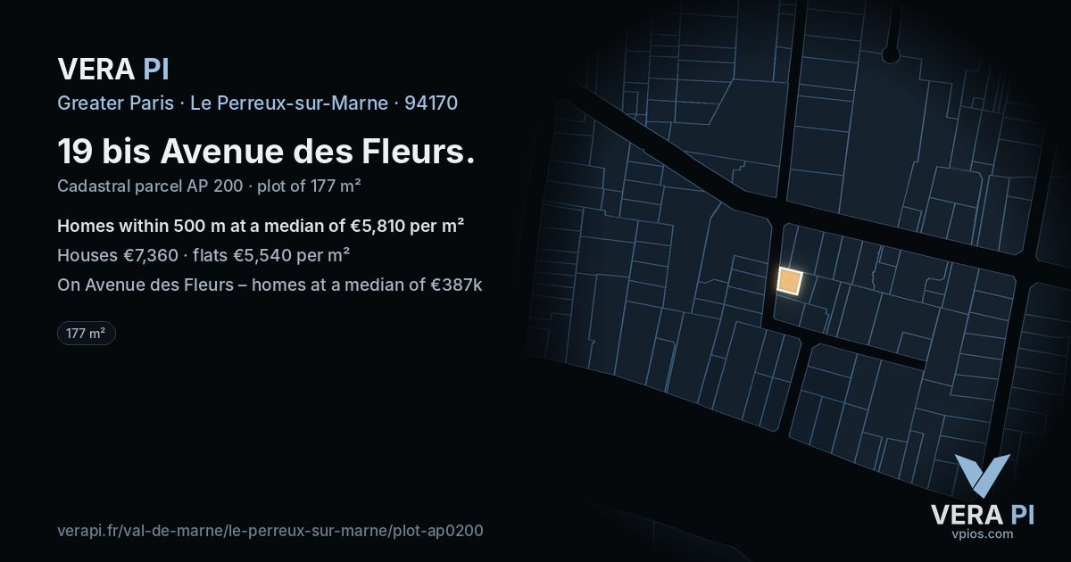 19 bis Avenue des Fleurs, Le Perreux-sur-Marne at night – the plot lit, the parcels around coloured by the prices near them