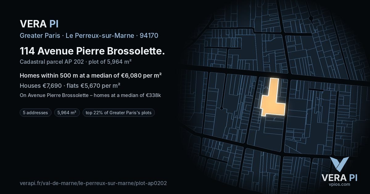 114 Avenue Pierre Brossolette, Le Perreux-sur-Marne at night – the plot lit, the parcels around coloured by the prices near them