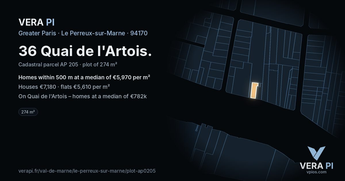 36 Quai de l'Artois, Le Perreux-sur-Marne at night – the plot lit, the parcels around coloured by the prices near them