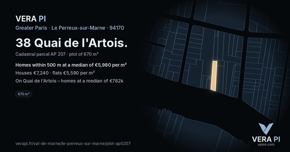 38 Quai de l'Artois, Le Perreux-sur-Marne at night – the plot lit, the parcels around coloured by the prices near them