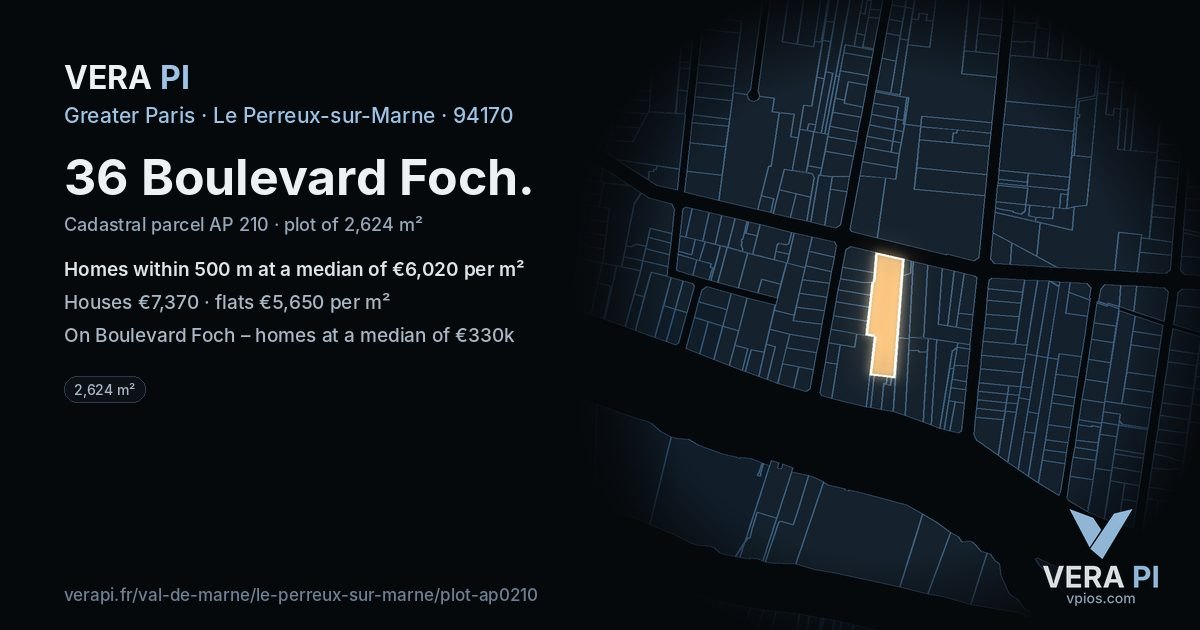 36 Boulevard Foch, Le Perreux-sur-Marne at night – the plot lit, the parcels around coloured by the prices near them