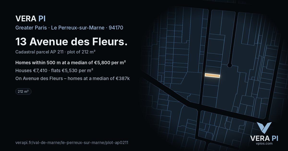 13 Avenue des Fleurs, Le Perreux-sur-Marne at night – the plot lit, the parcels around coloured by the prices near them