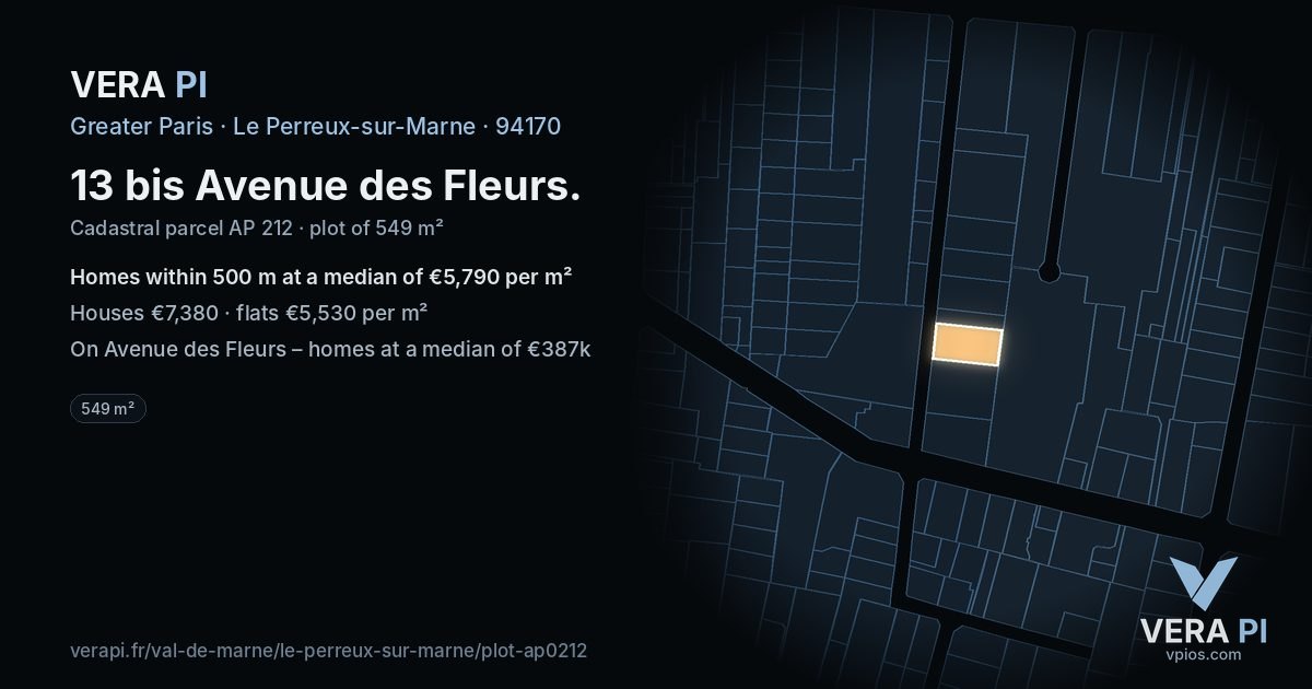 13 bis Avenue des Fleurs, Le Perreux-sur-Marne at night – the plot lit, the parcels around coloured by the prices near them