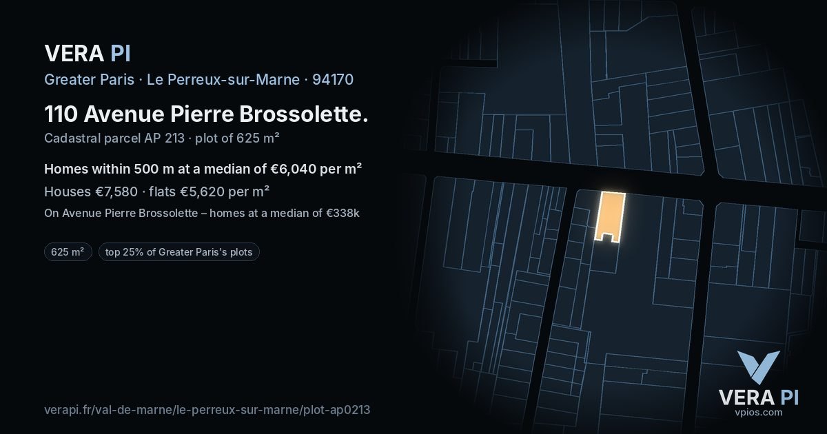 110 Avenue Pierre Brossolette, Le Perreux-sur-Marne at night – the plot lit, the parcels around coloured by the prices near them