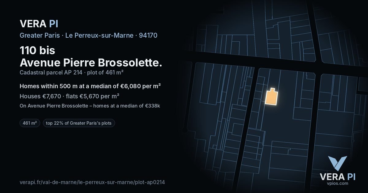 110 bis Avenue Pierre Brossolette, Le Perreux-sur-Marne at night – the plot lit, the parcels around coloured by the prices near them