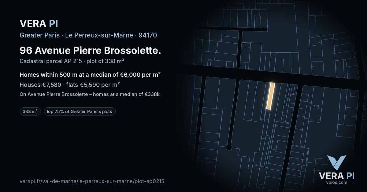 96 Avenue Pierre Brossolette, Le Perreux-sur-Marne at night – the plot lit, the parcels around coloured by the prices near them
