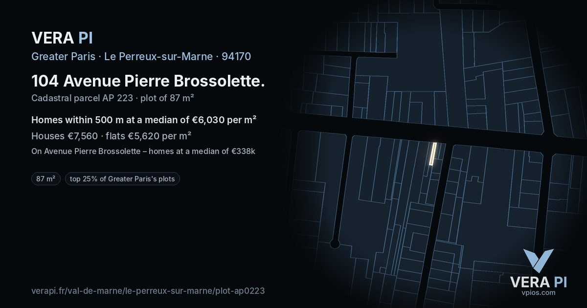 104 Avenue Pierre Brossolette, Le Perreux-sur-Marne at night – the plot lit, the parcels around coloured by the prices near them