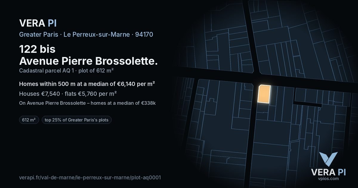 122 bis Avenue Pierre Brossolette, Le Perreux-sur-Marne at night – the plot lit, the parcels around coloured by the prices near them