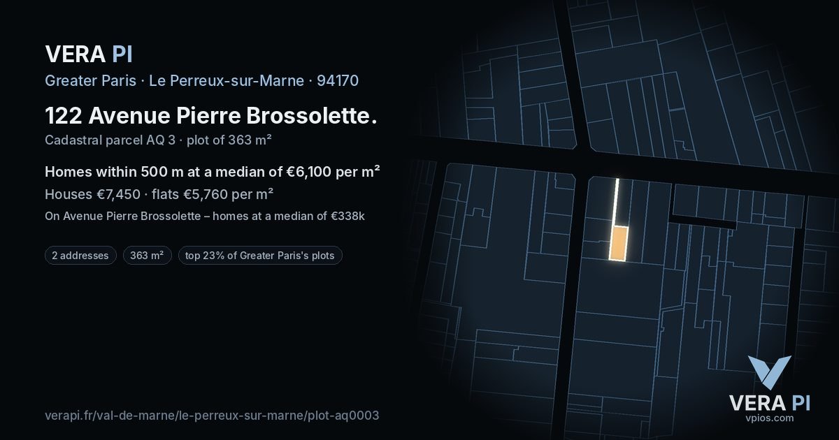 122 Avenue Pierre Brossolette, Le Perreux-sur-Marne at night – the plot lit, the parcels around coloured by the prices near them