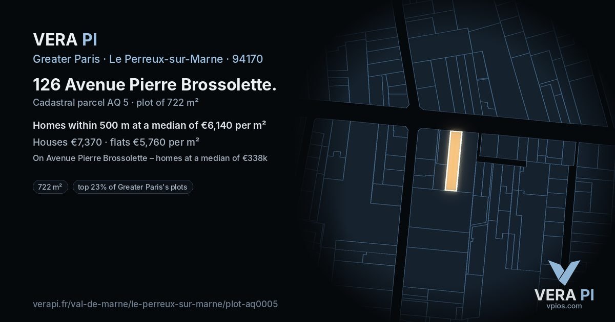 126 Avenue Pierre Brossolette, Le Perreux-sur-Marne at night – the plot lit, the parcels around coloured by the prices near them