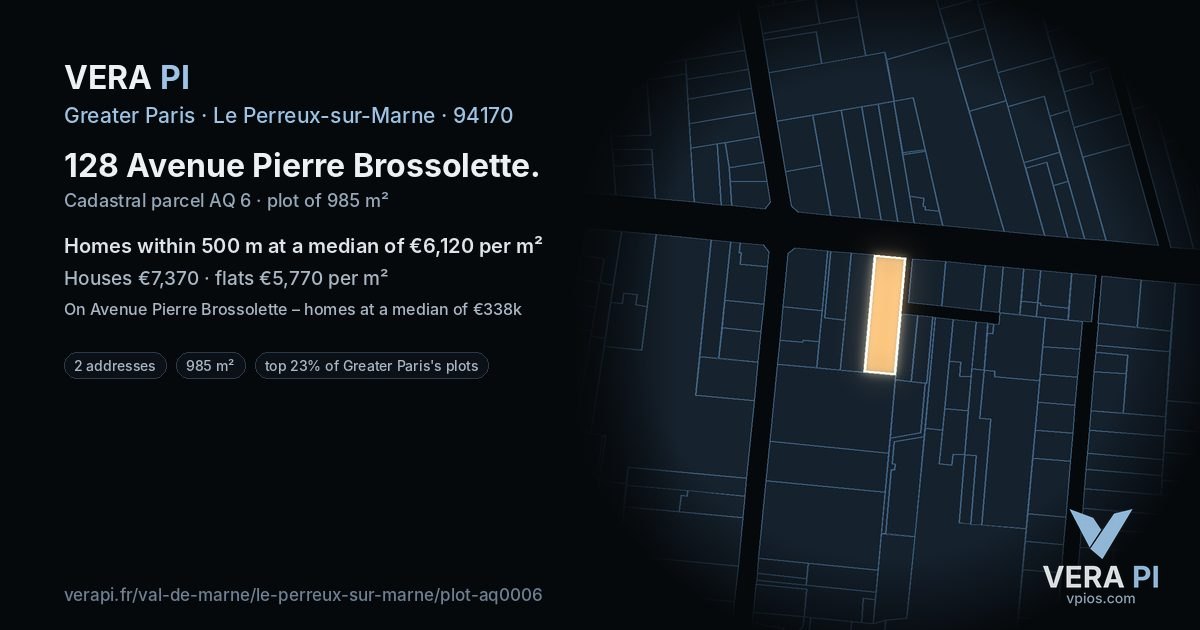 128 Avenue Pierre Brossolette, Le Perreux-sur-Marne at night – the plot lit, the parcels around coloured by the prices near them