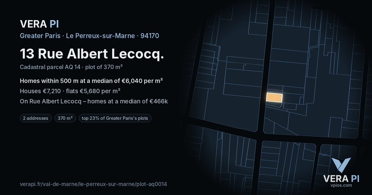 13 Rue Albert Lecocq, Le Perreux-sur-Marne at night – the plot lit, the parcels around coloured by the prices near them