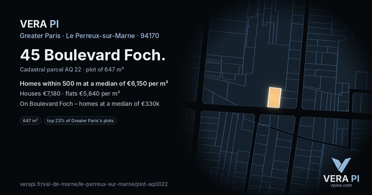 45 Boulevard Foch, Le Perreux-sur-Marne at night – the plot lit, the parcels around coloured by the prices near them