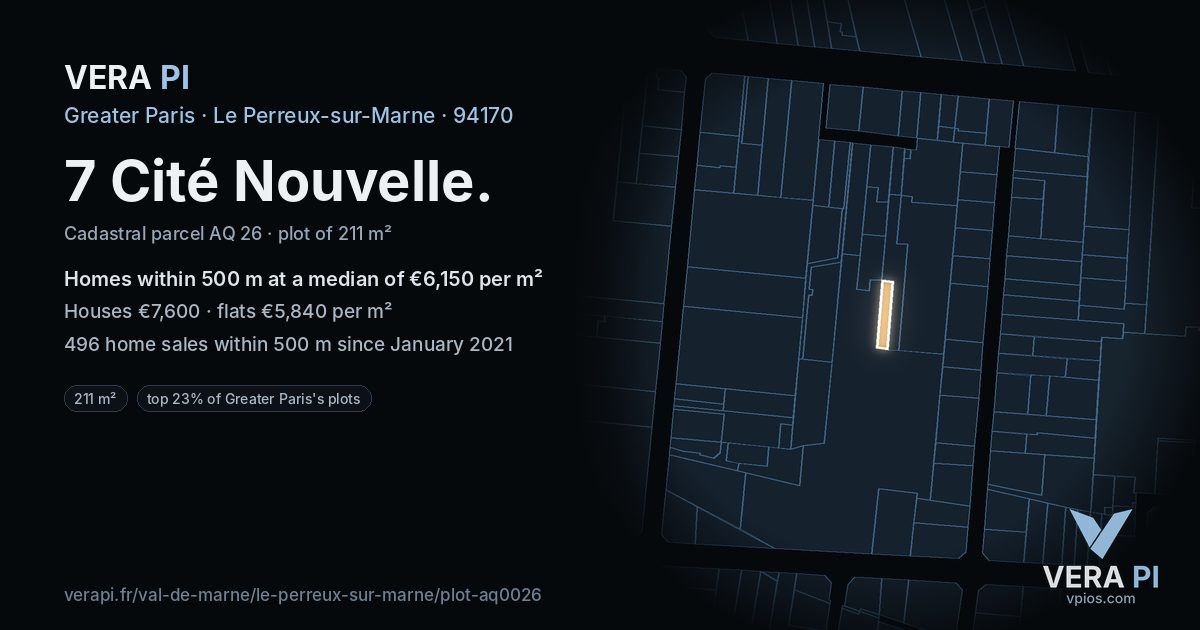 7 Cité Nouvelle, Le Perreux-sur-Marne at night – the plot lit, the parcels around coloured by the prices near them