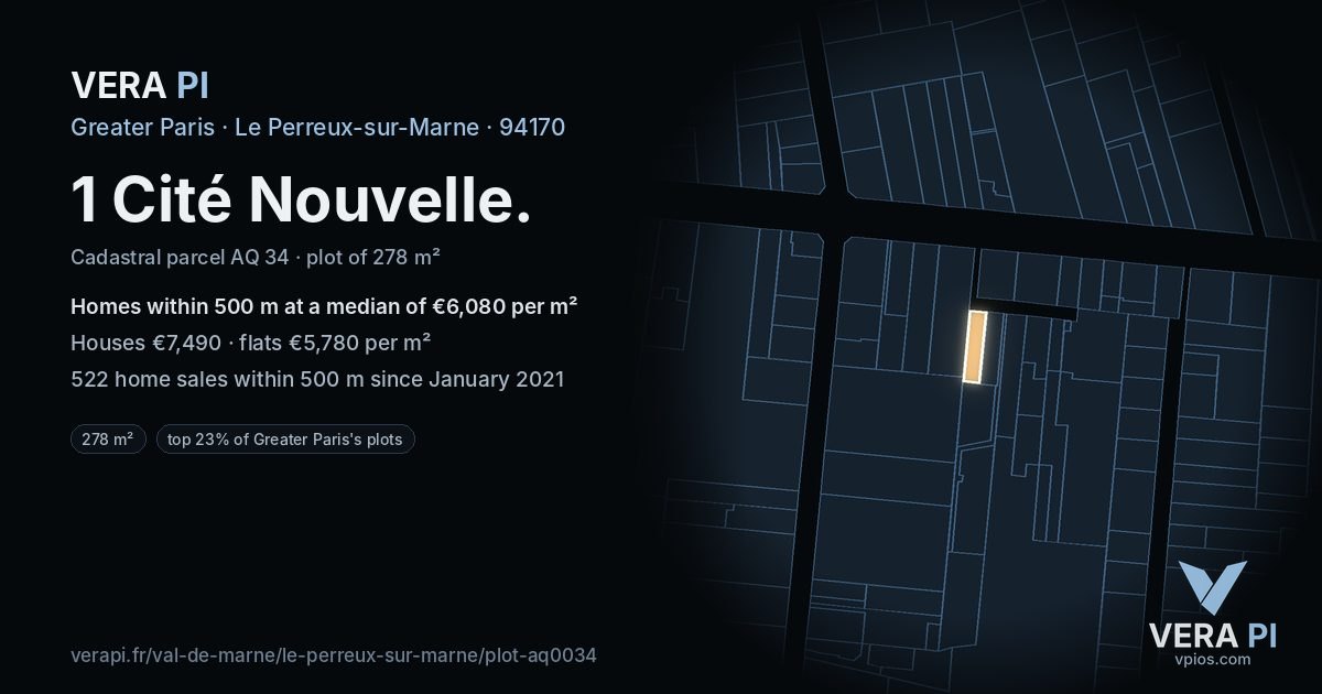 1 Cité Nouvelle, Le Perreux-sur-Marne at night – the plot lit, the parcels around coloured by the prices near them