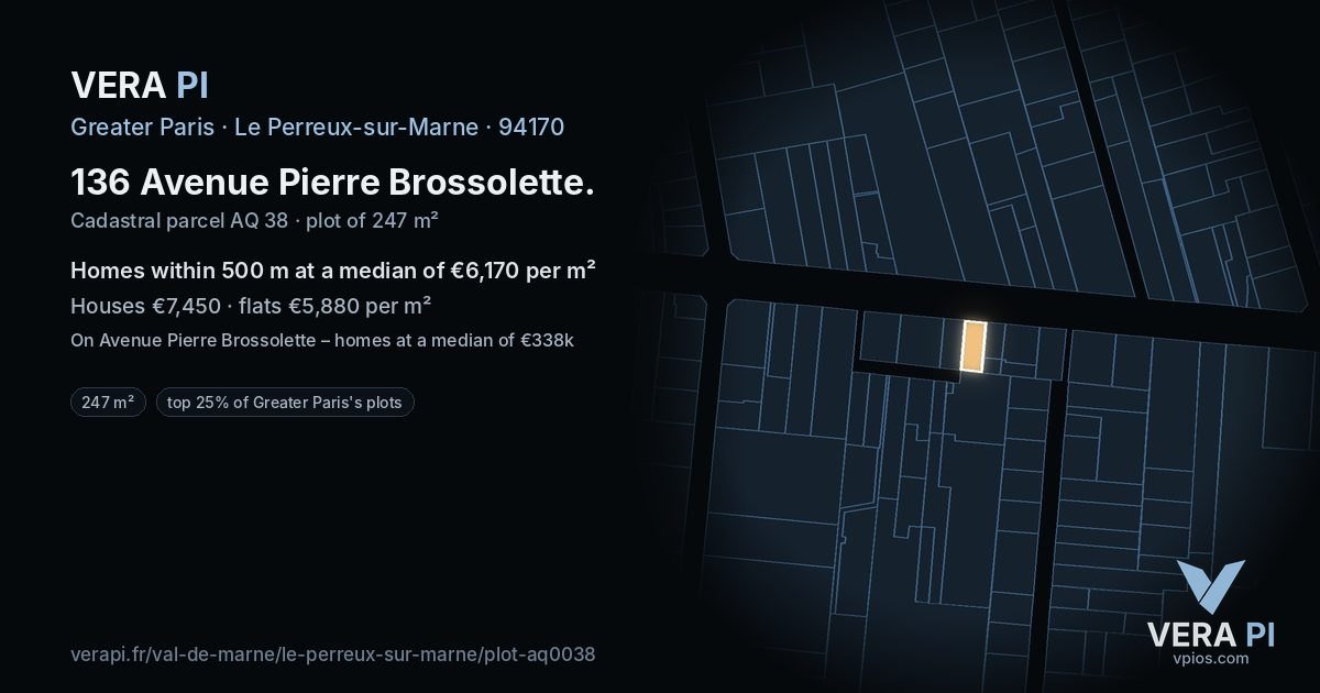 136 Avenue Pierre Brossolette, Le Perreux-sur-Marne at night – the plot lit, the parcels around coloured by the prices near them