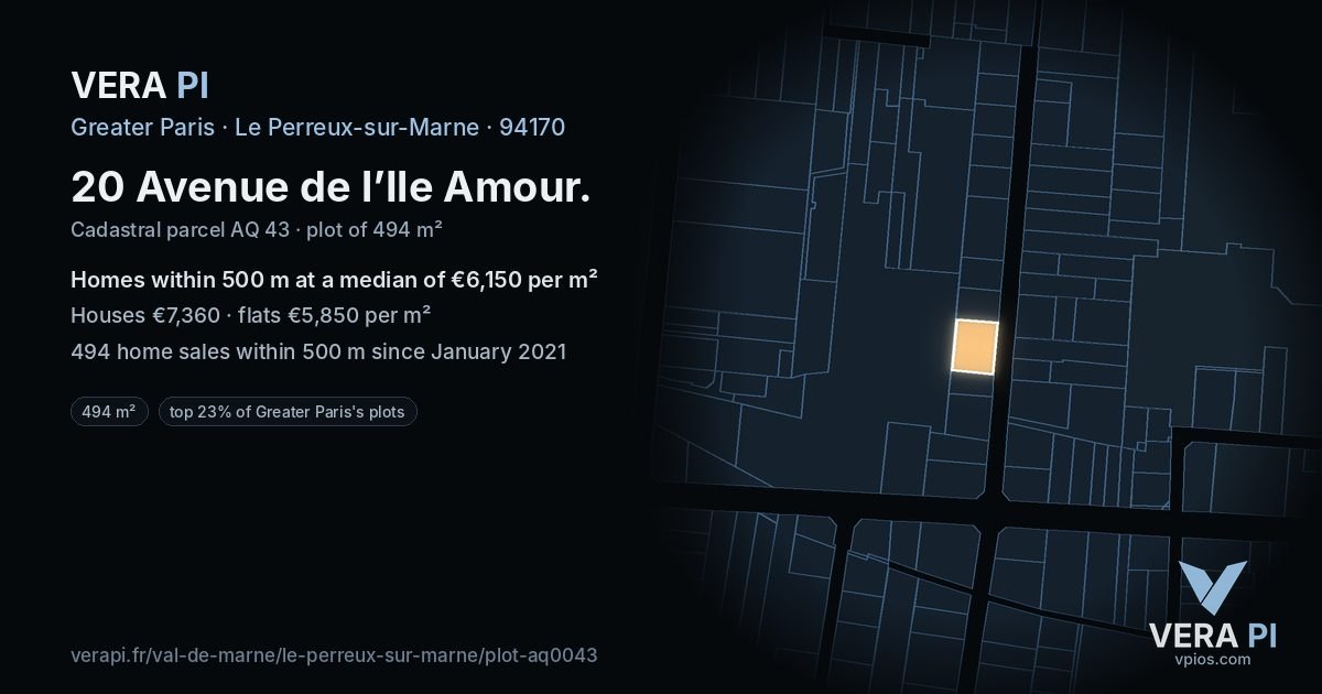20 Avenue de l’Ile Amour, Le Perreux-sur-Marne at night – the plot lit, the parcels around coloured by the prices near them