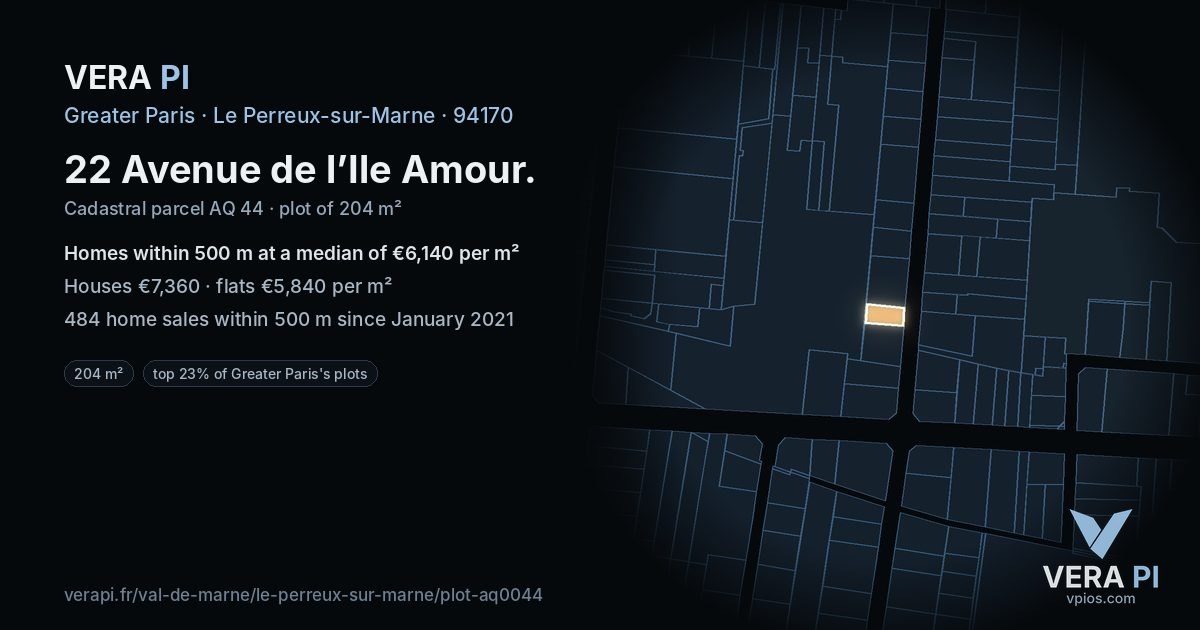 22 Avenue de l’Ile Amour, Le Perreux-sur-Marne at night – the plot lit, the parcels around coloured by the prices near them