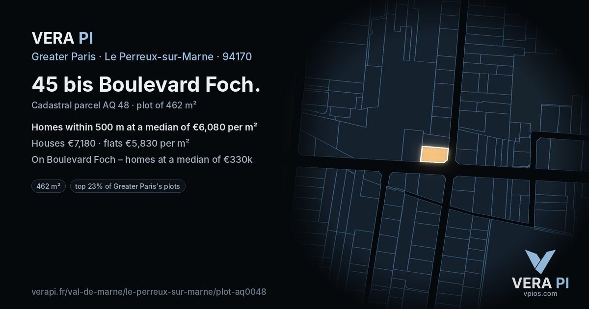 45 bis Boulevard Foch, Le Perreux-sur-Marne at night – the plot lit, the parcels around coloured by the prices near them