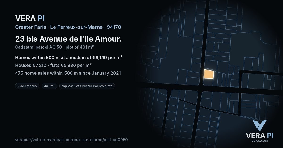 23 bis Avenue de l’Ile Amour, Le Perreux-sur-Marne at night – the plot lit, the parcels around coloured by the prices near them