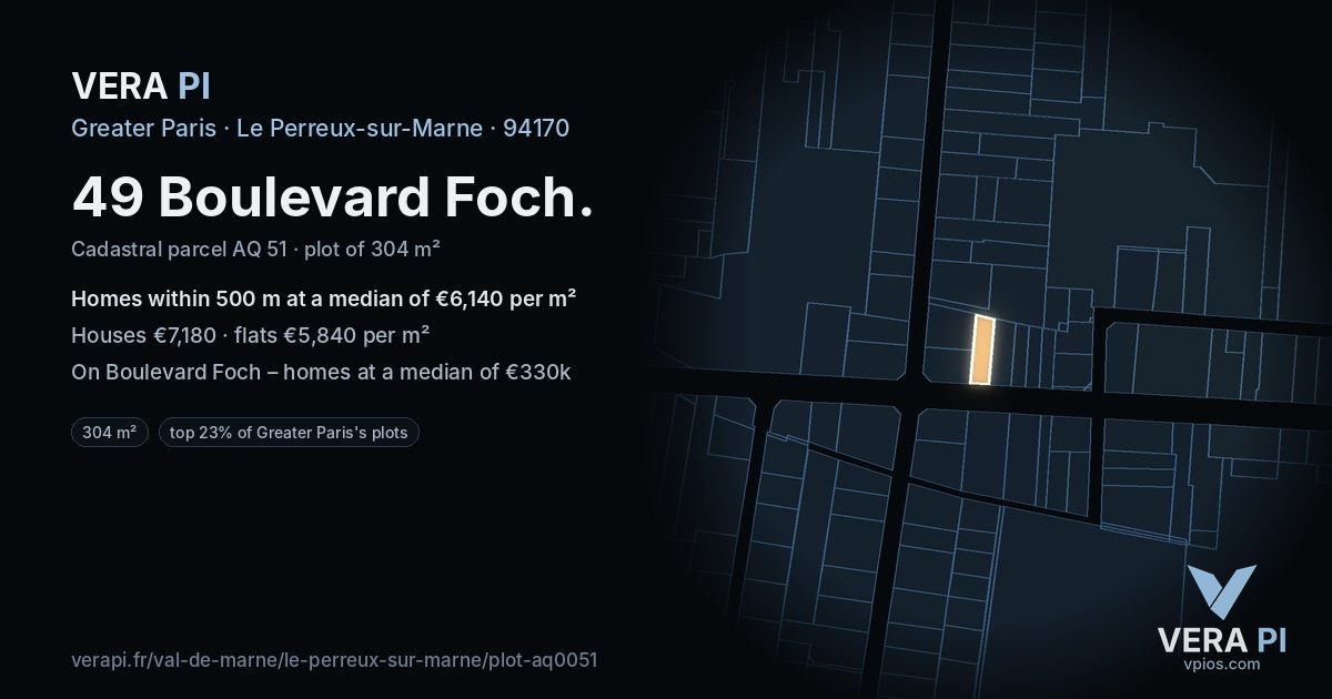 49 Boulevard Foch, Le Perreux-sur-Marne at night – the plot lit, the parcels around coloured by the prices near them