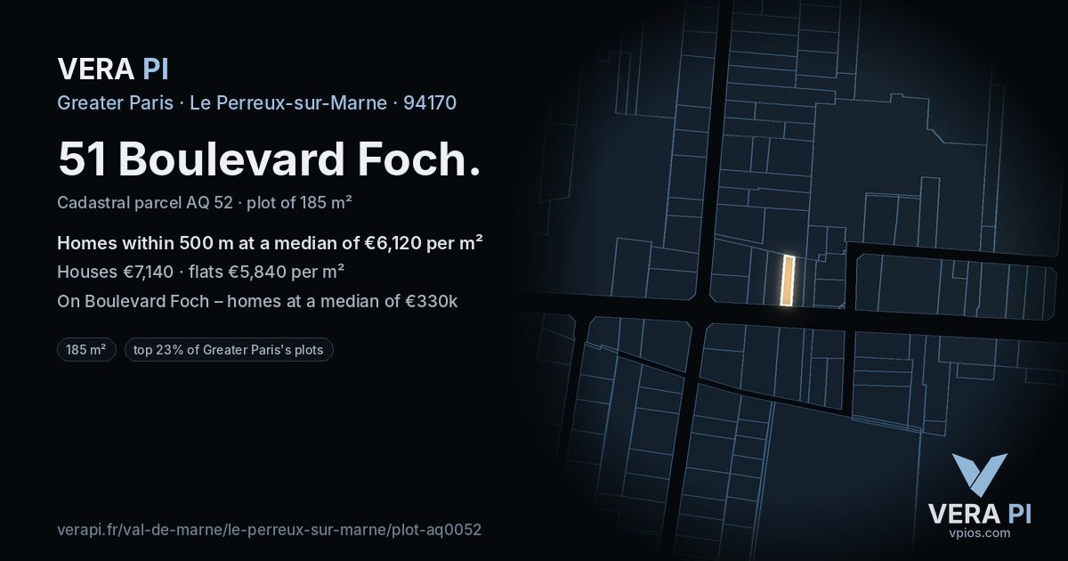 51 Boulevard Foch, Le Perreux-sur-Marne at night – the plot lit, the parcels around coloured by the prices near them
