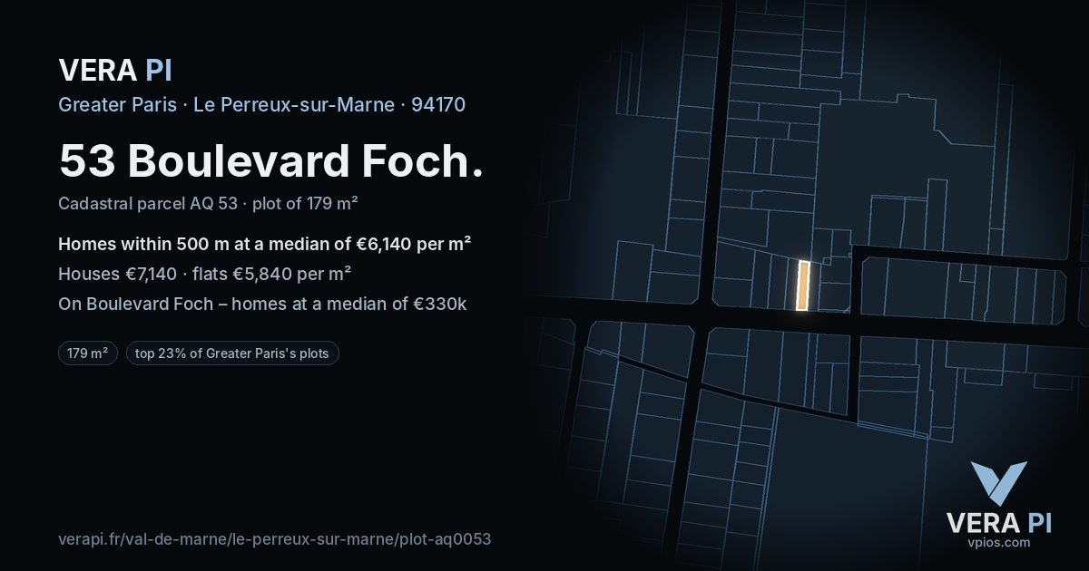 53 Boulevard Foch, Le Perreux-sur-Marne at night – the plot lit, the parcels around coloured by the prices near them