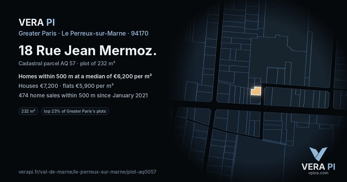 18 Rue Jean Mermoz, Le Perreux-sur-Marne at night – the plot lit, the parcels around coloured by the prices near them