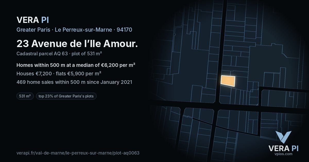23 Avenue de l’Ile Amour, Le Perreux-sur-Marne at night – the plot lit, the parcels around coloured by the prices near them