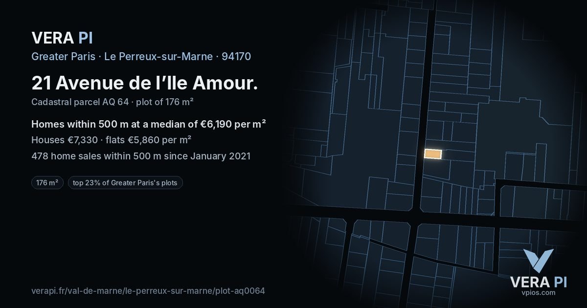 21 Avenue de l’Ile Amour, Le Perreux-sur-Marne at night – the plot lit, the parcels around coloured by the prices near them