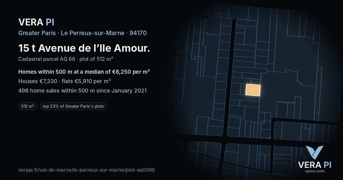 15 t Avenue de l’Ile Amour, Le Perreux-sur-Marne at night – the plot lit, the parcels around coloured by the prices near them