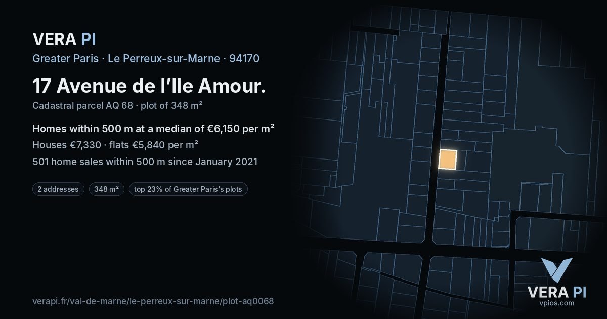 17 Avenue de l’Ile Amour, Le Perreux-sur-Marne at night – the plot lit, the parcels around coloured by the prices near them