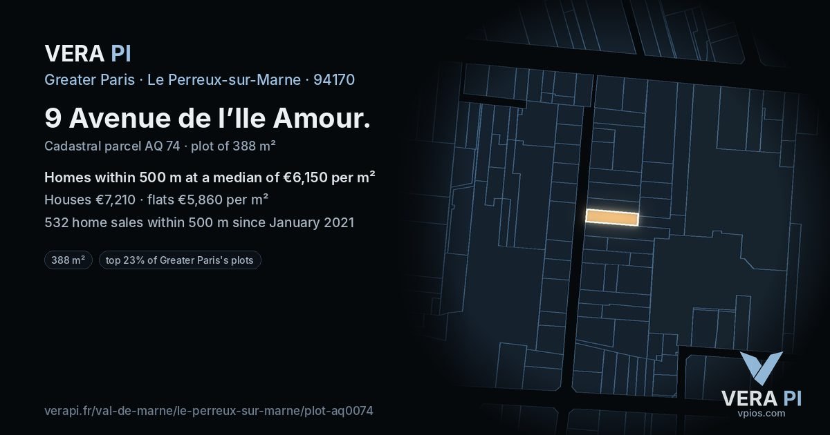 9 Avenue de l’Ile Amour, Le Perreux-sur-Marne at night – the plot lit, the parcels around coloured by the prices near them