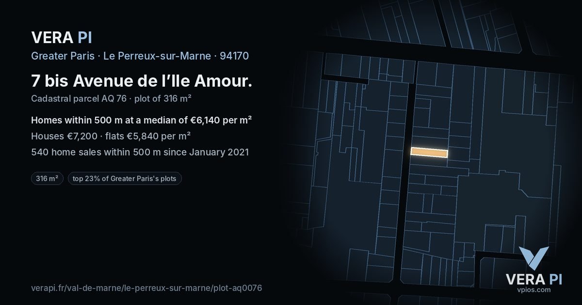 7 bis Avenue de l’Ile Amour, Le Perreux-sur-Marne at night – the plot lit, the parcels around coloured by the prices near them