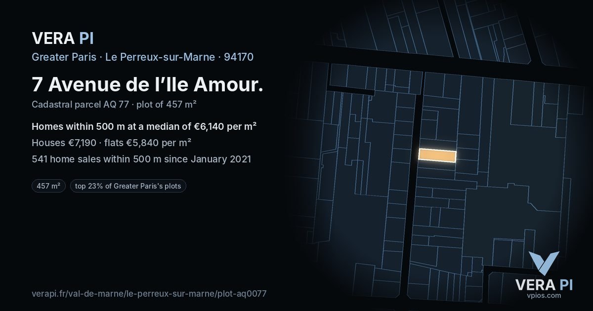 7 Avenue de l’Ile Amour, Le Perreux-sur-Marne at night – the plot lit, the parcels around coloured by the prices near them