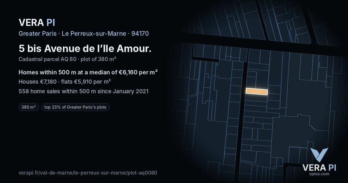 5 bis Avenue de l’Ile Amour, Le Perreux-sur-Marne at night – the plot lit, the parcels around coloured by the prices near them