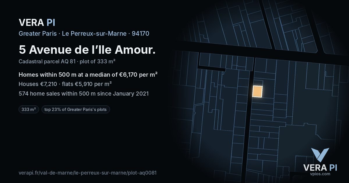 5 Avenue de l’Ile Amour, Le Perreux-sur-Marne at night – the plot lit, the parcels around coloured by the prices near them