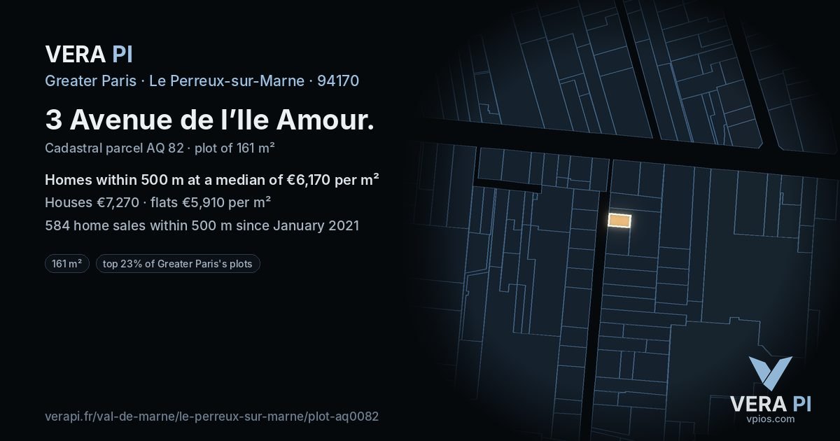 3 Avenue de l’Ile Amour, Le Perreux-sur-Marne at night – the plot lit, the parcels around coloured by the prices near them