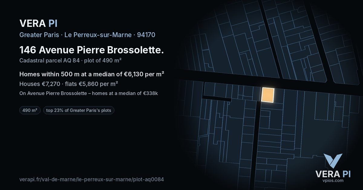 146 Avenue Pierre Brossolette, Le Perreux-sur-Marne at night – the plot lit, the parcels around coloured by the prices near them