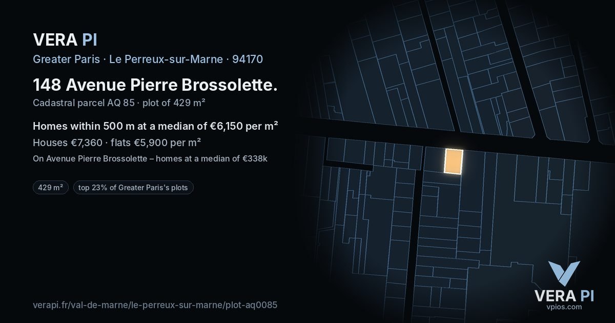 148 Avenue Pierre Brossolette, Le Perreux-sur-Marne at night – the plot lit, the parcels around coloured by the prices near them