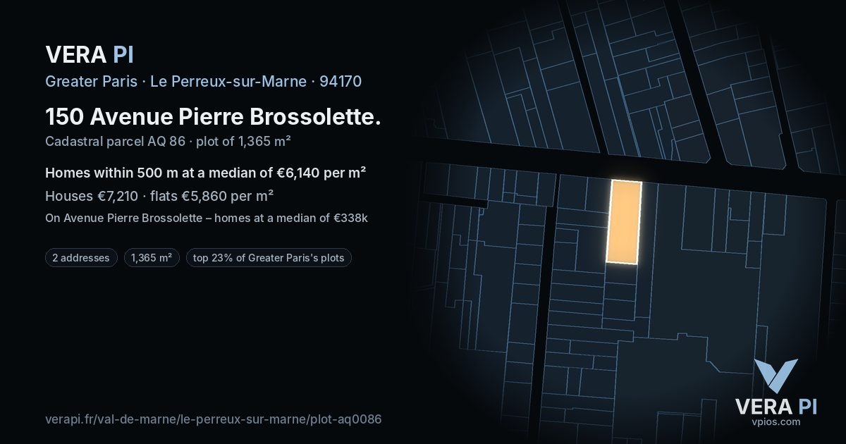 150 Avenue Pierre Brossolette, Le Perreux-sur-Marne at night – the plot lit, the parcels around coloured by the prices near them