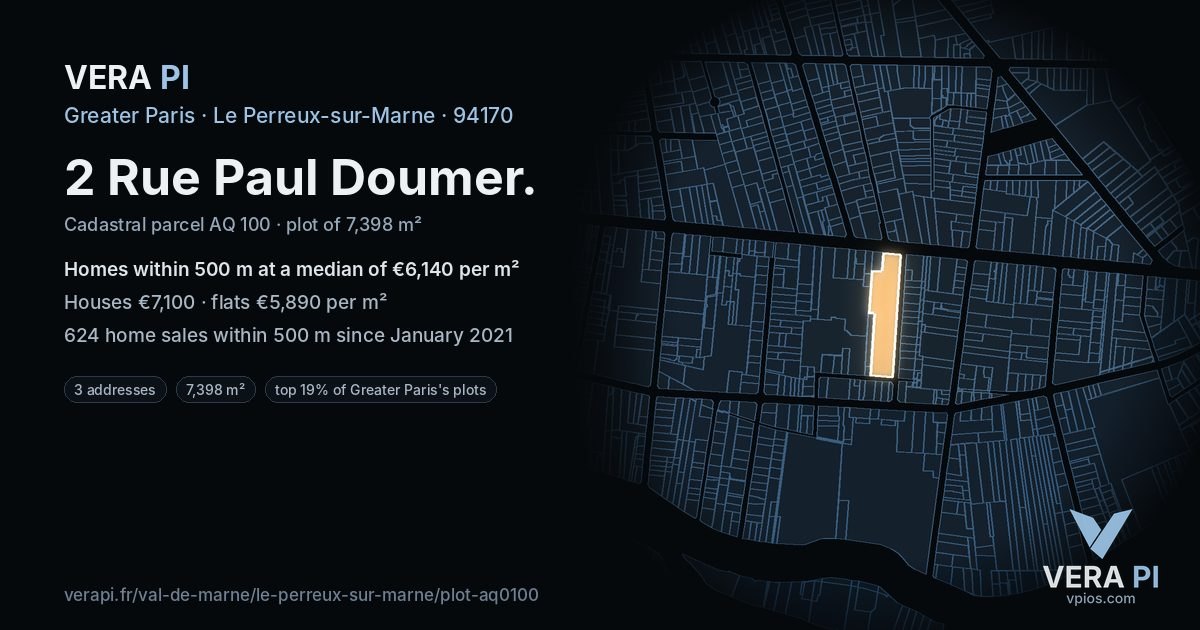2 Rue Paul Doumer, Le Perreux-sur-Marne at night – the plot lit, the parcels around coloured by the prices near them