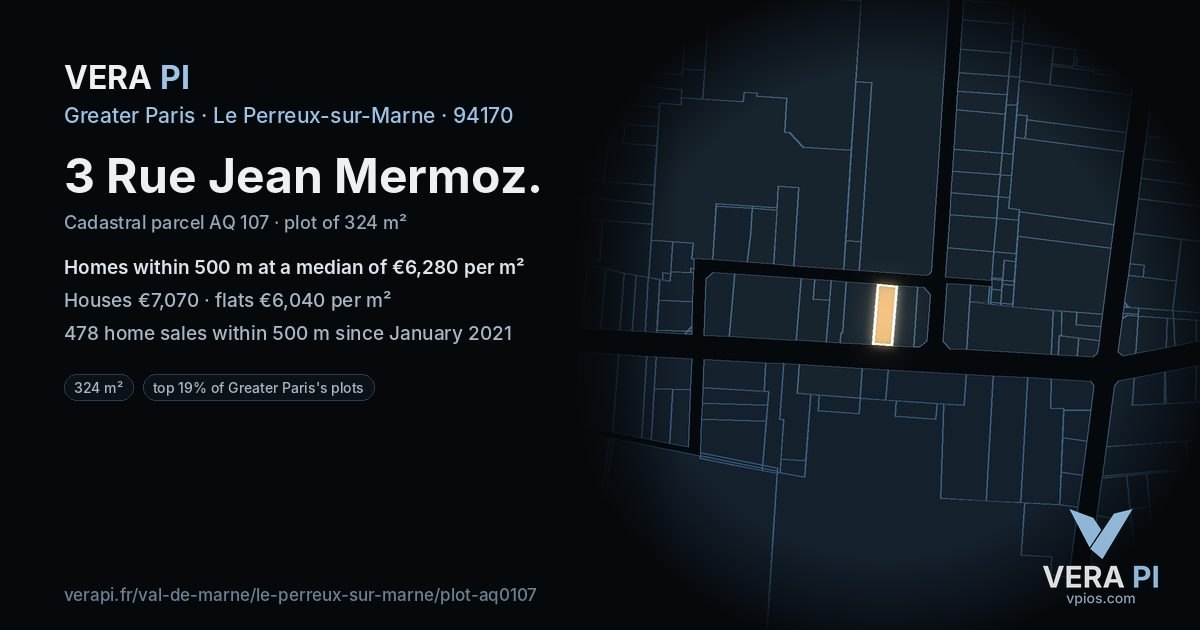 3 Rue Jean Mermoz, Le Perreux-sur-Marne at night – the plot lit, the parcels around coloured by the prices near them