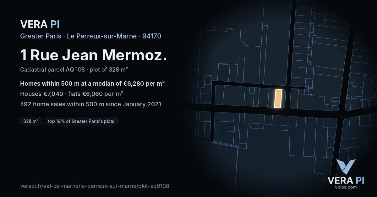 1 Rue Jean Mermoz, Le Perreux-sur-Marne at night – the plot lit, the parcels around coloured by the prices near them