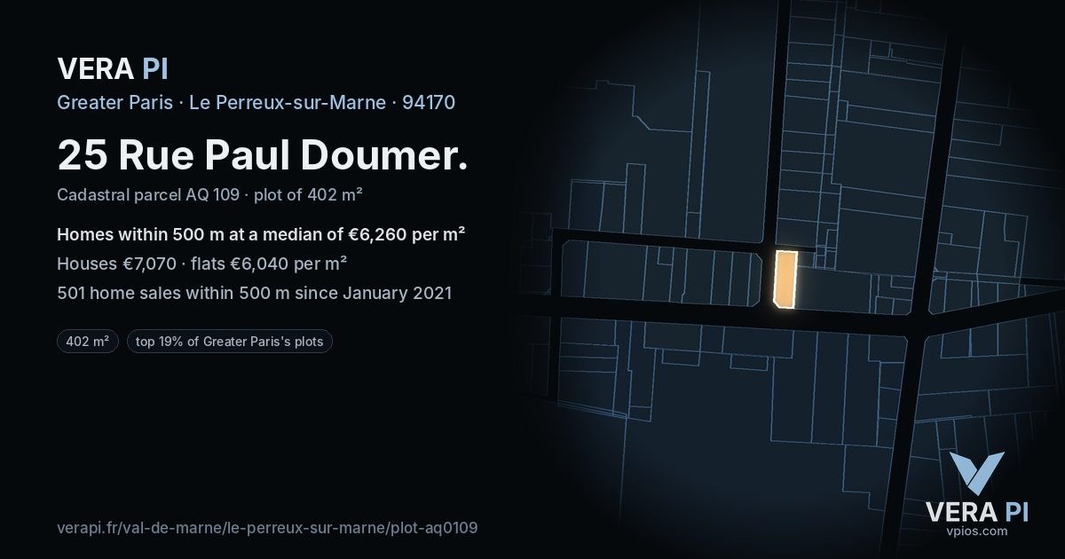 25 Rue Paul Doumer, Le Perreux-sur-Marne at night – the plot lit, the parcels around coloured by the prices near them
