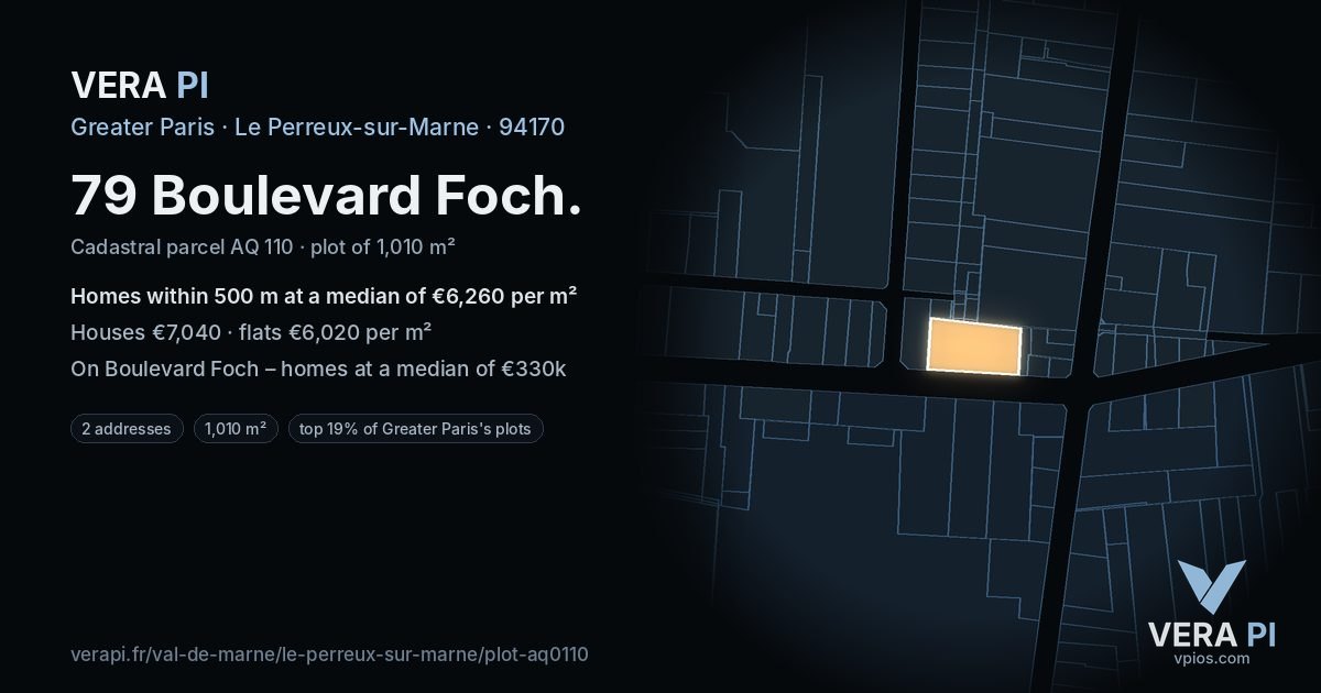 79 Boulevard Foch, Le Perreux-sur-Marne at night – the plot lit, the parcels around coloured by the prices near them