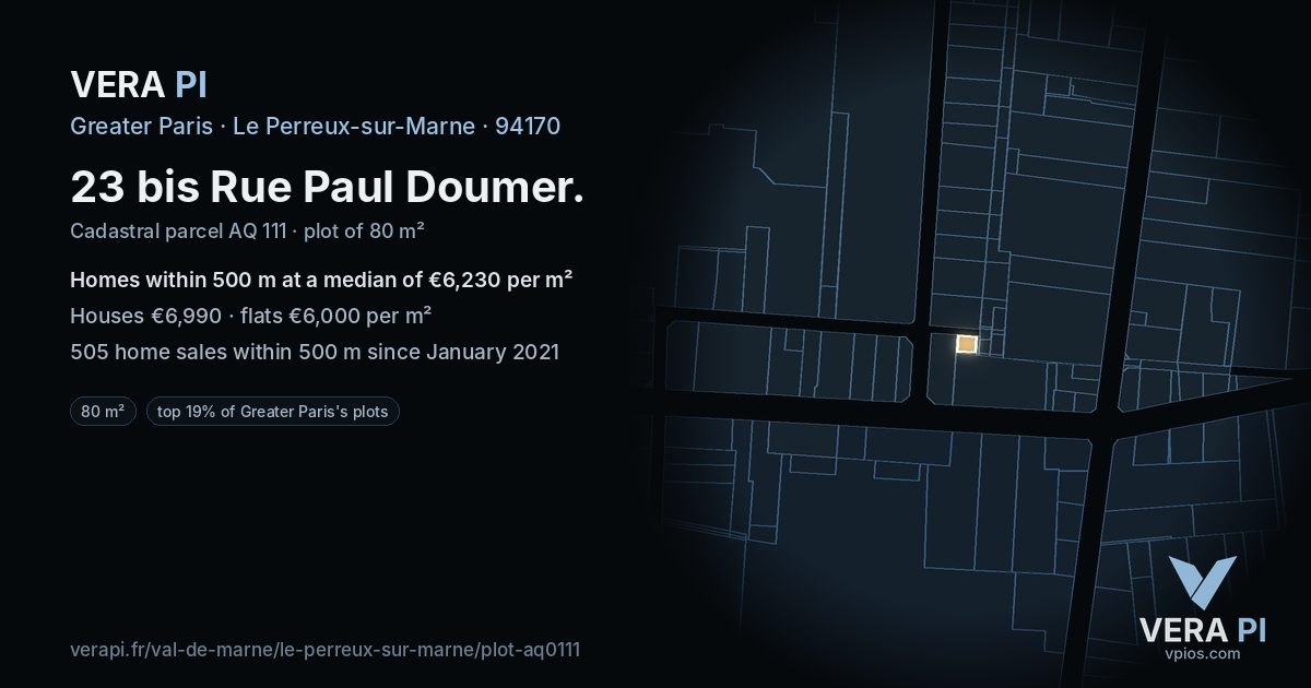 23 bis Rue Paul Doumer, Le Perreux-sur-Marne at night – the plot lit, the parcels around coloured by the prices near them